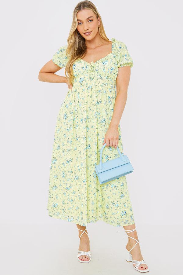 in the style In the Style Printed Gathered Bust Puff Sleeve Midi Dress Yellow