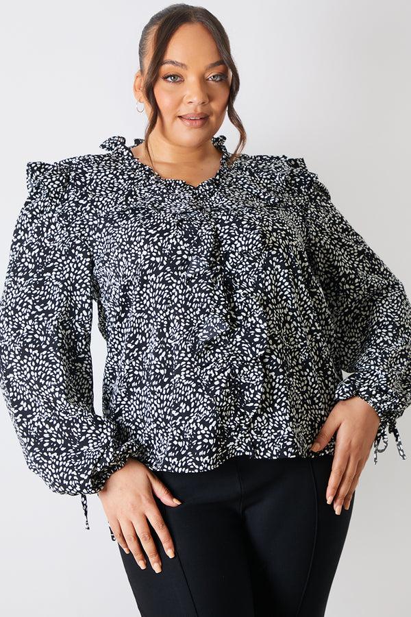 In The Style In The Style Printed Ruffle Blouse Black