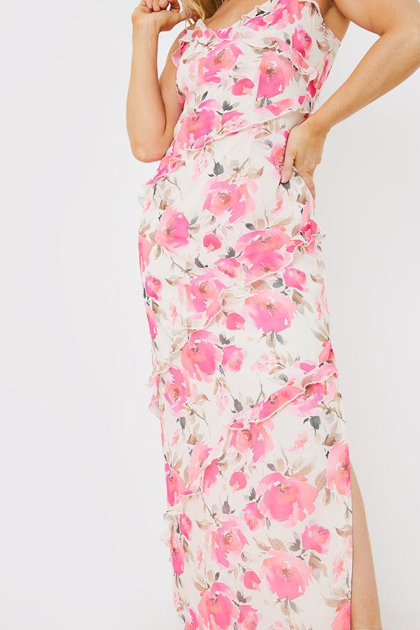 In The Style In The Style Printed Ruffle Cami Maxi Dress Pink