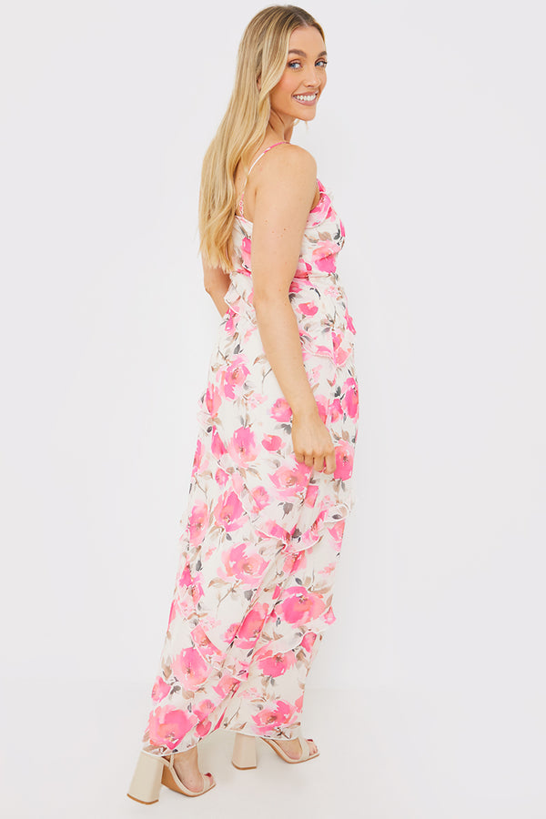 In The Style In The Style Printed Ruffle Cami Maxi Dress Pink