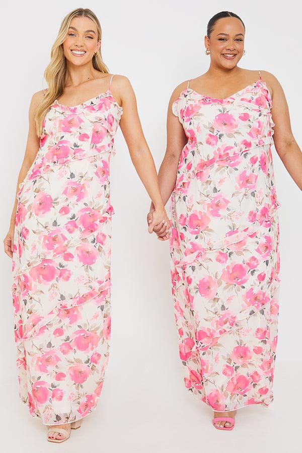 In The Style In The Style Printed Ruffle Cami Maxi Dress Pink