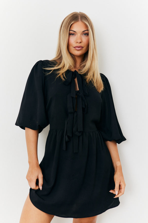 In The Style In The Style Puff Sleeve Bow Detail Mini Dress Black