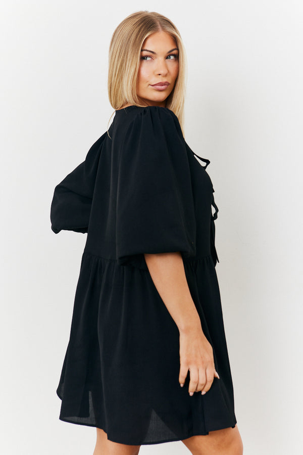 In The Style In The Style Puff Sleeve Bow Detail Mini Dress Black