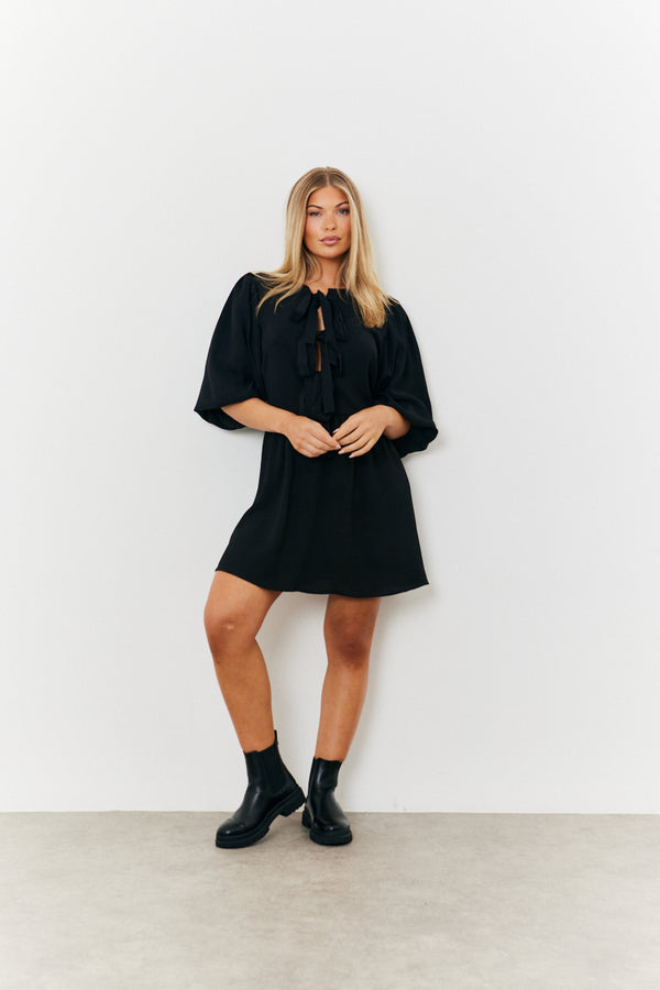 in the style In the Style Puff Sleeve Bow Detail Mini Dress Black