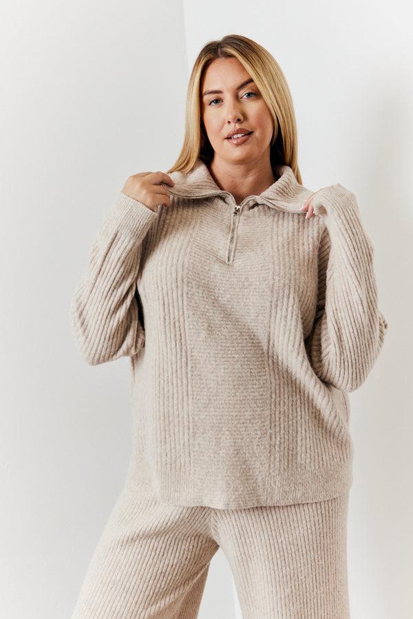 in the style In the Style Quarter Zip Knitted Co-Ord Jumper Camel