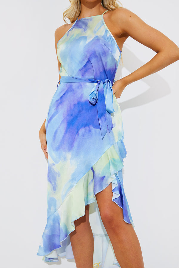 In The Style In The Style Racer Neck Abstract Print Satin Frill Belted Midaxi Dress Blue