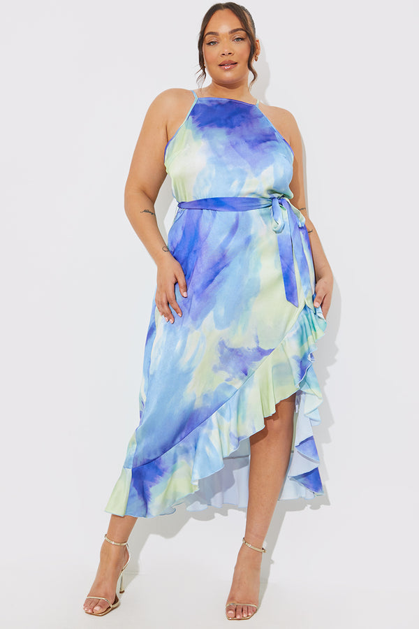 In The Style In The Style Racer Neck Abstract Print Satin Frill Belted Midaxi Dress Blue