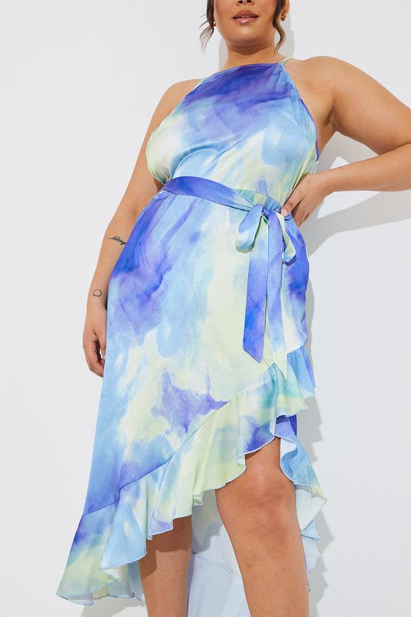 In The Style In The Style Racer Neck Abstract Print Satin Frill Belted Midaxi Dress Blue