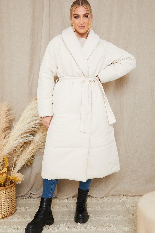 In The Style In The Style Recycled Belted Longline Lapel Collar Puffer Stone