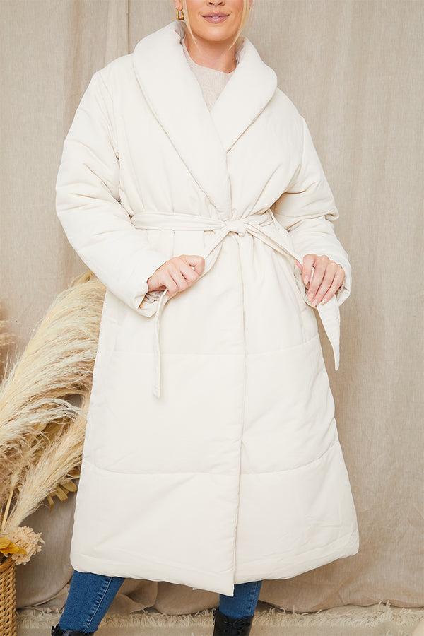 In The Style In The Style Recycled Belted Longline Lapel Collar Puffer Stone