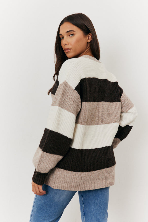 In The Style In The Style Recycled Button Up Knit Stripe Tonal Cardigan Natural