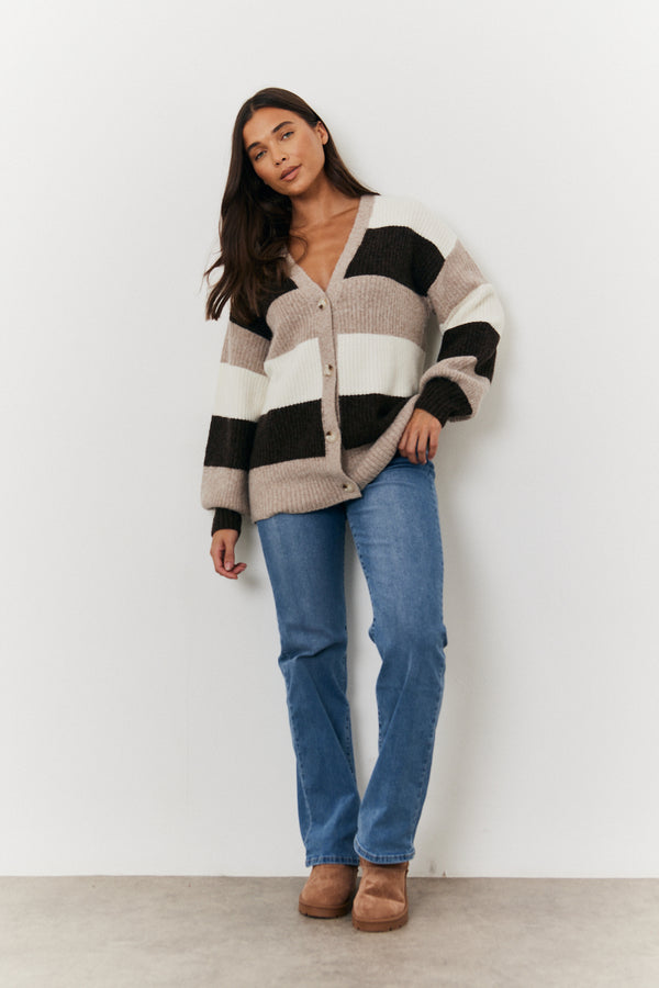 In The Style In The Style Recycled Button Up Knit Stripe Tonal Cardigan Natural