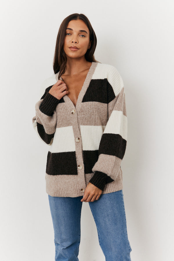 in the style In the Style Recycled Button Up Knit Stripe Tonal Cardigan Natural