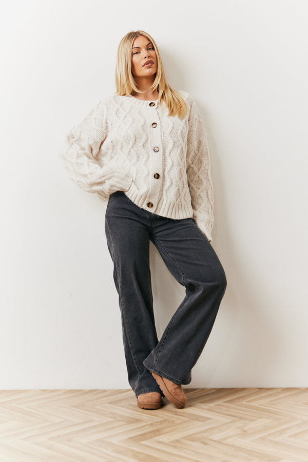 In The Style In The Style Recycled Cable Knitted Button Up Cardigan Oatmeal