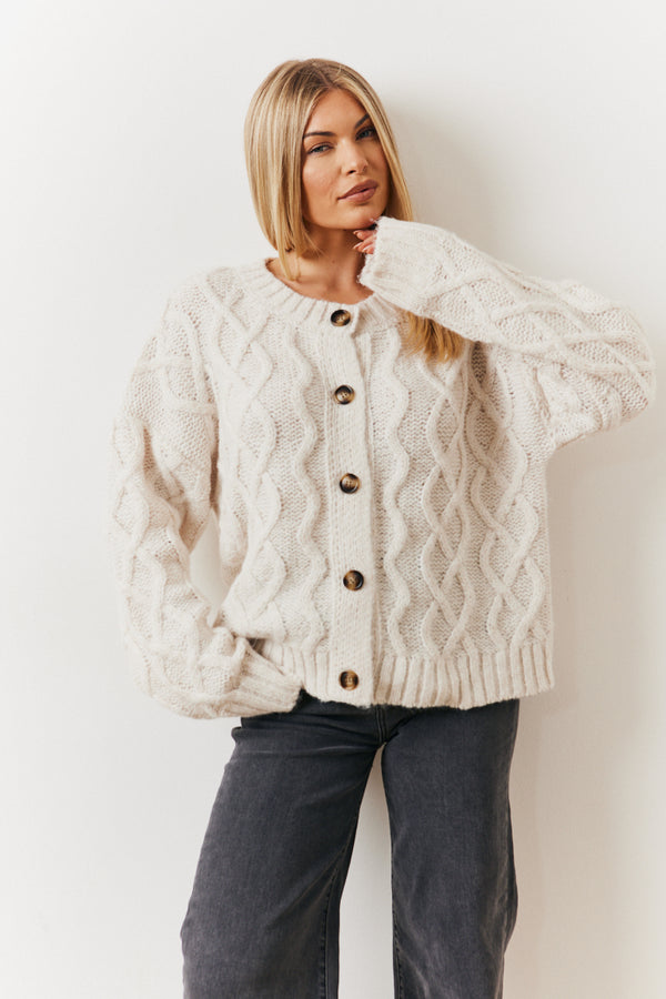 in the style In the Style Recycled Cable Knitted Button up Cardigan Oatmeal