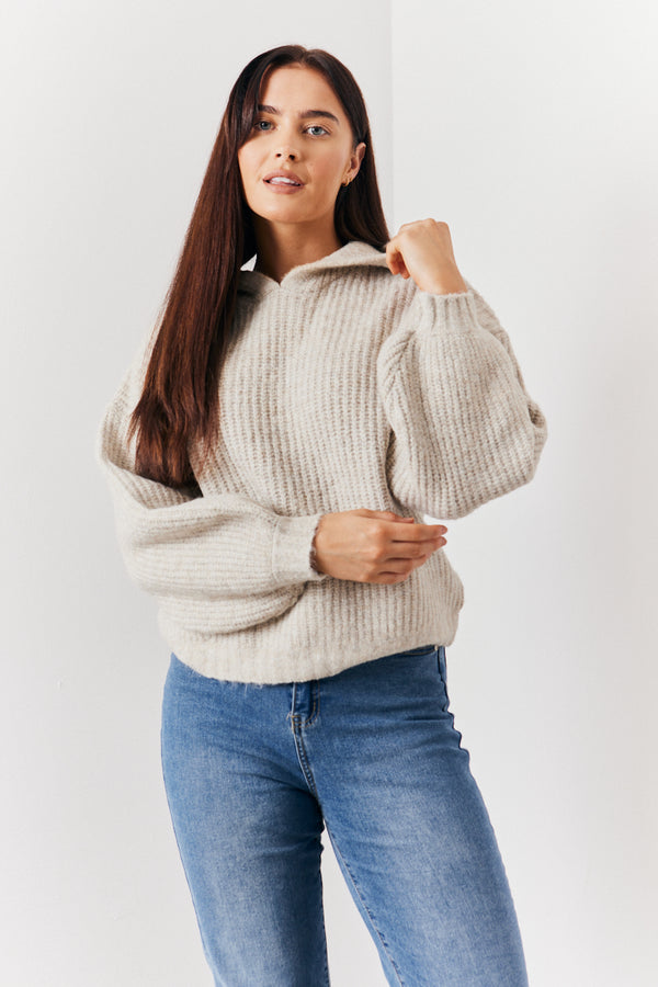 in the style In the Style Recycled Chunky Knitted Hoodie Oatmeal