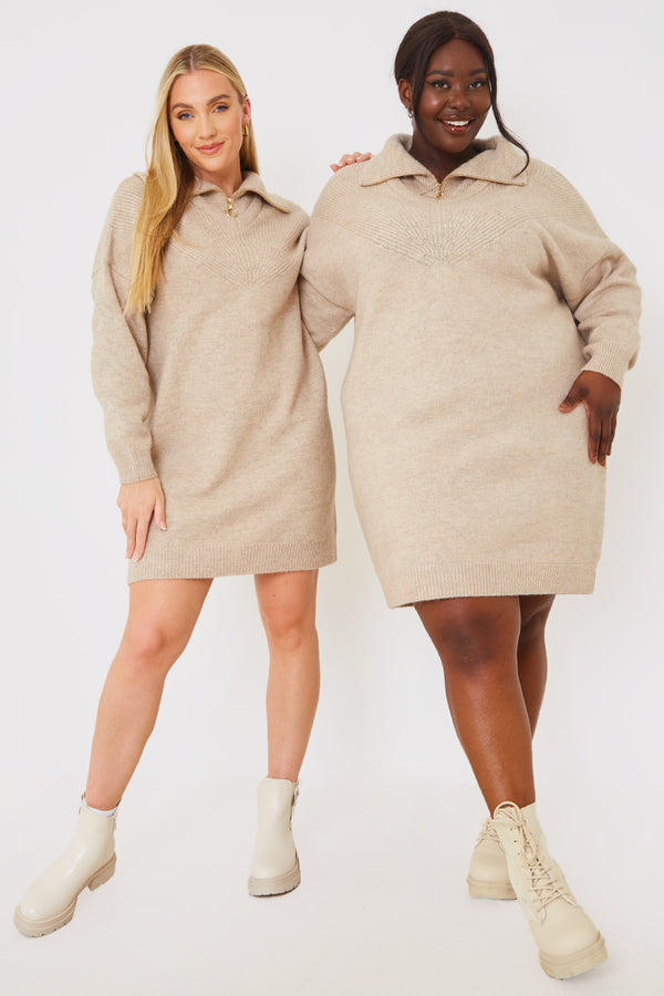 In The Style In The Style Recycled Contrast Half Zip Knitted Jumper Dress Oatmeal