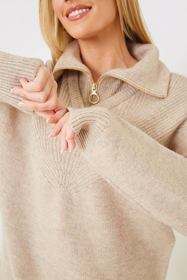 In The Style In The Style Recycled Contrast Half Zip Knitted Jumper Dress Oatmeal
