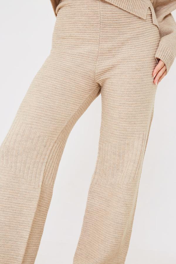 In The Style In The Style Recycled Contrast Knitted Ribbed Co Ord Wide Leg Trouser Oatmeal