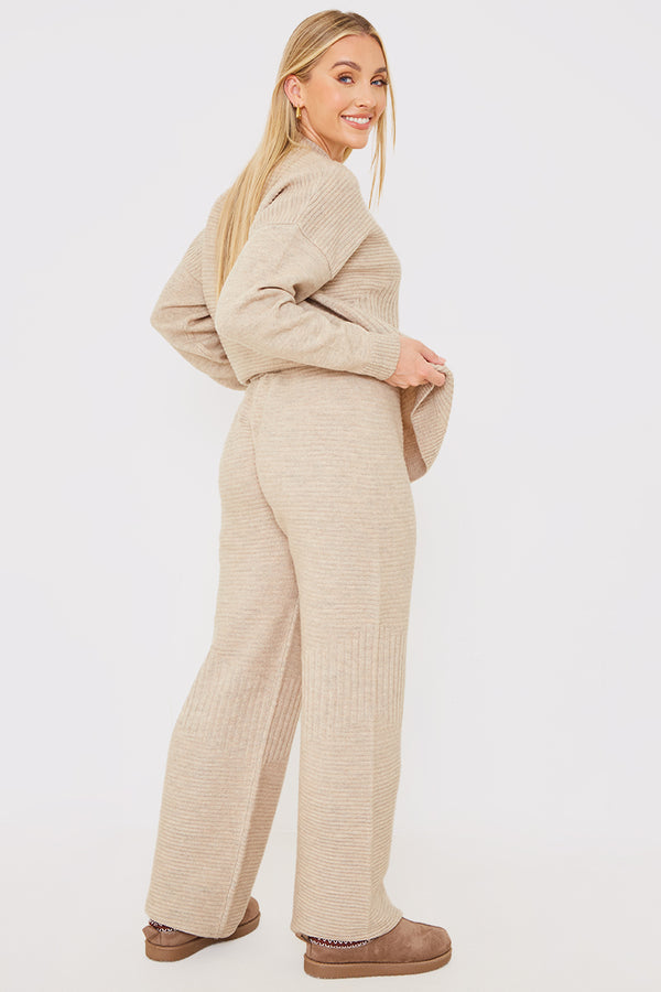 In The Style In The Style Recycled Contrast Knitted Ribbed Co Ord Wide Leg Trouser Oatmeal