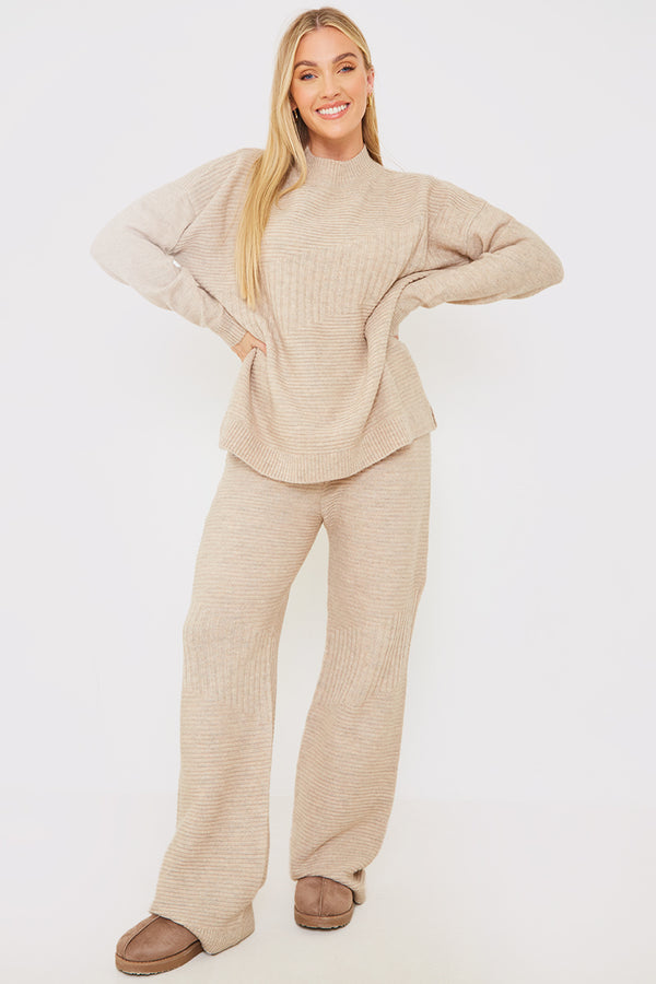in the style In the Style Recycled Contrast Rib Co Ord Knitted Jumper Oatmeal