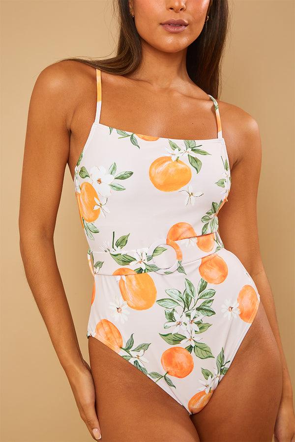 In The Style In The Style Recycled Control Orange Print Square Neck Belted Swimsuit Multi