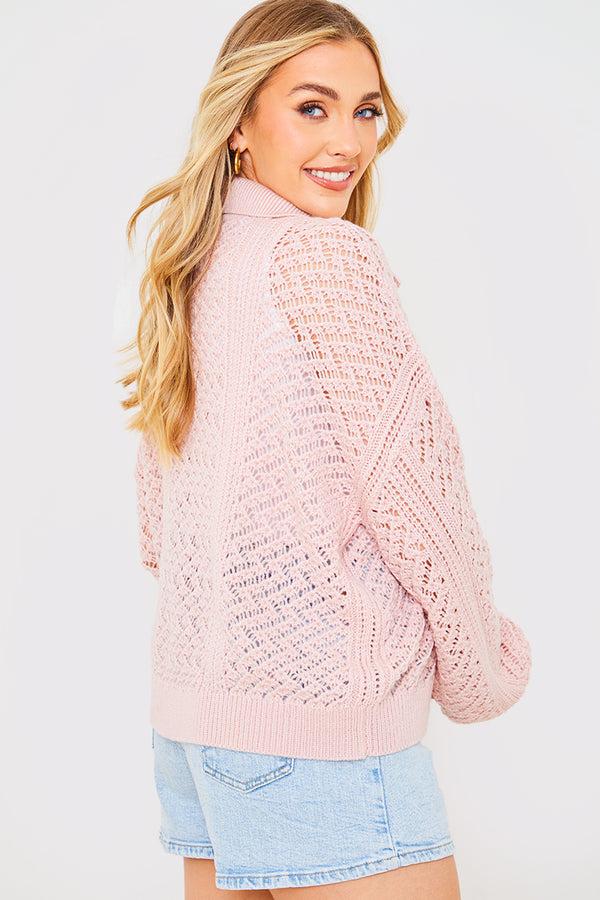 In The Style In The Style Recycled Crochet Button Down Cardi Pink