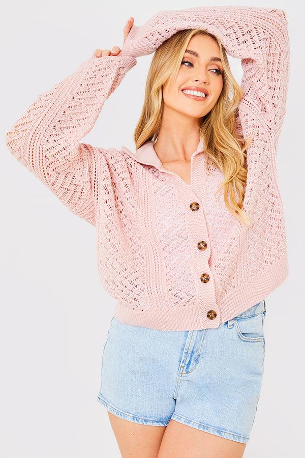 in the style In the Style Recycled Crochet Button Down Cardi Pink