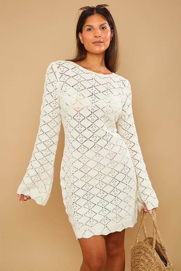 in the style In the Style Recycled Crochet Knit Mini Dress Cream