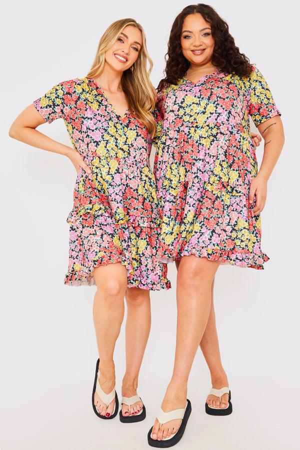 In The Style In The Style Recycled Floral Frill Mini Dress Yellow