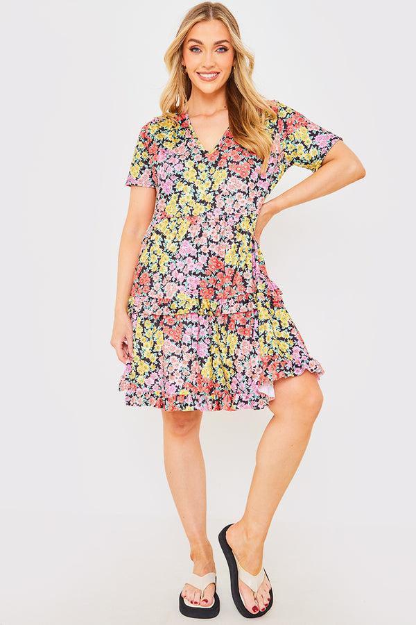 In The Style In The Style Recycled Floral Frill Mini Dress Yellow