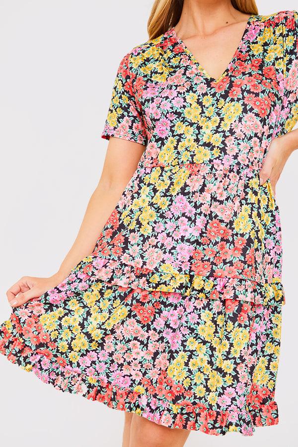 In The Style In The Style Recycled Floral Frill Mini Dress Yellow