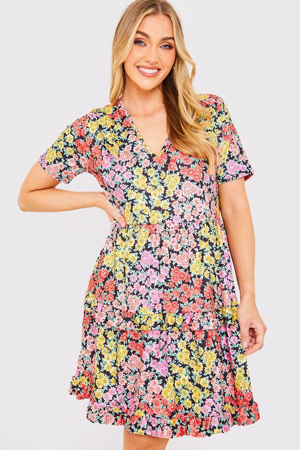 in the style In the Style Recycled Floral Frill Mini Dress Yellow