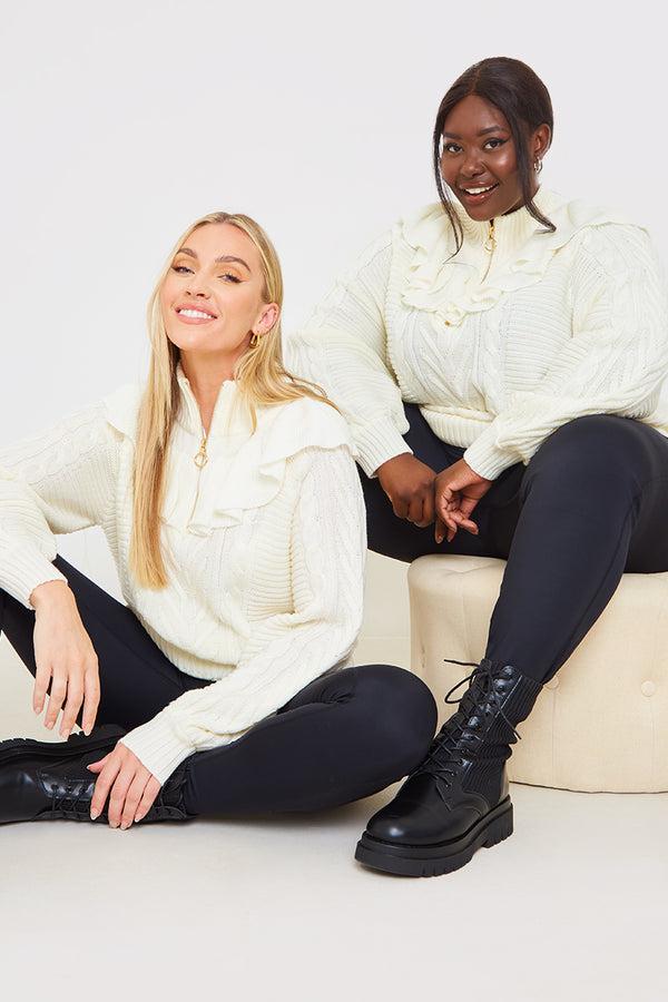 In The Style In The Style Recycled Frill Detail Half Zip Knitted Jumper Cream