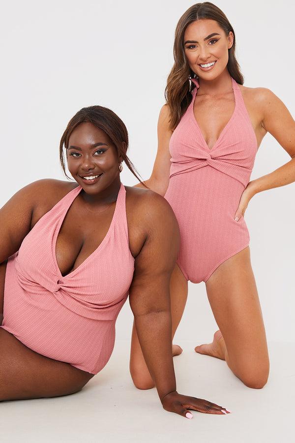 In The Style In The Style Recycled Halter Neck Control Swimsuit Blush