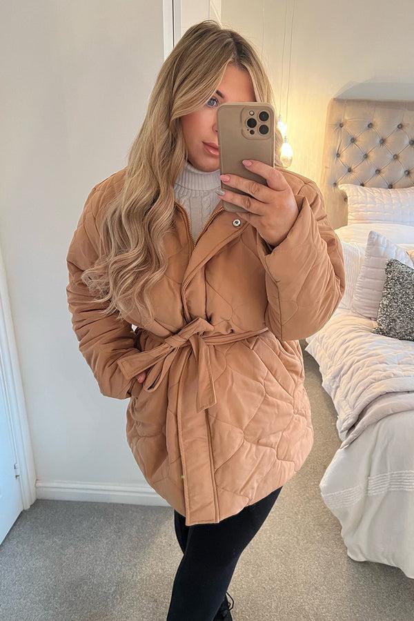 In The Style In The Style Recycled Quilted Tie Waist Puffer Camel