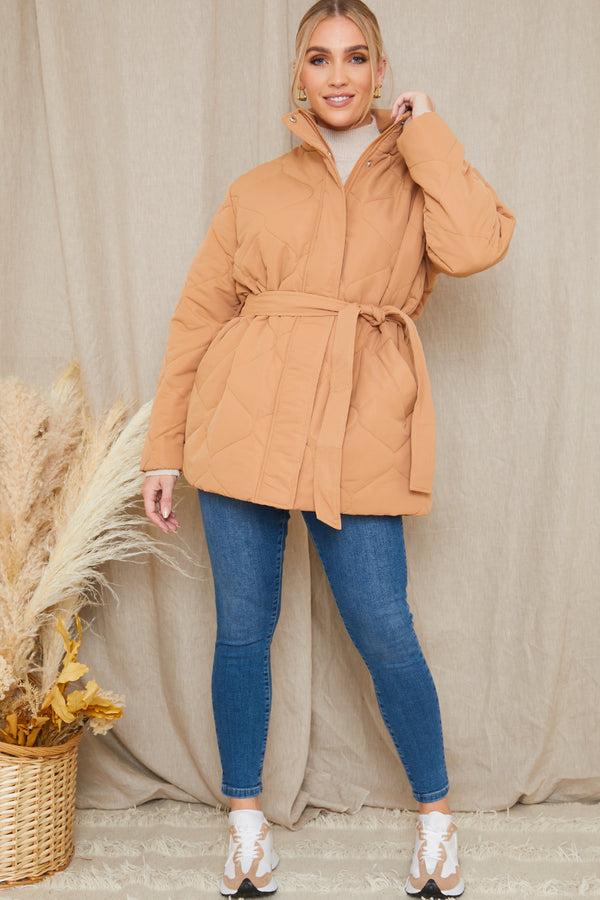 In The Style In The Style Recycled Quilted Tie Waist Puffer Camel