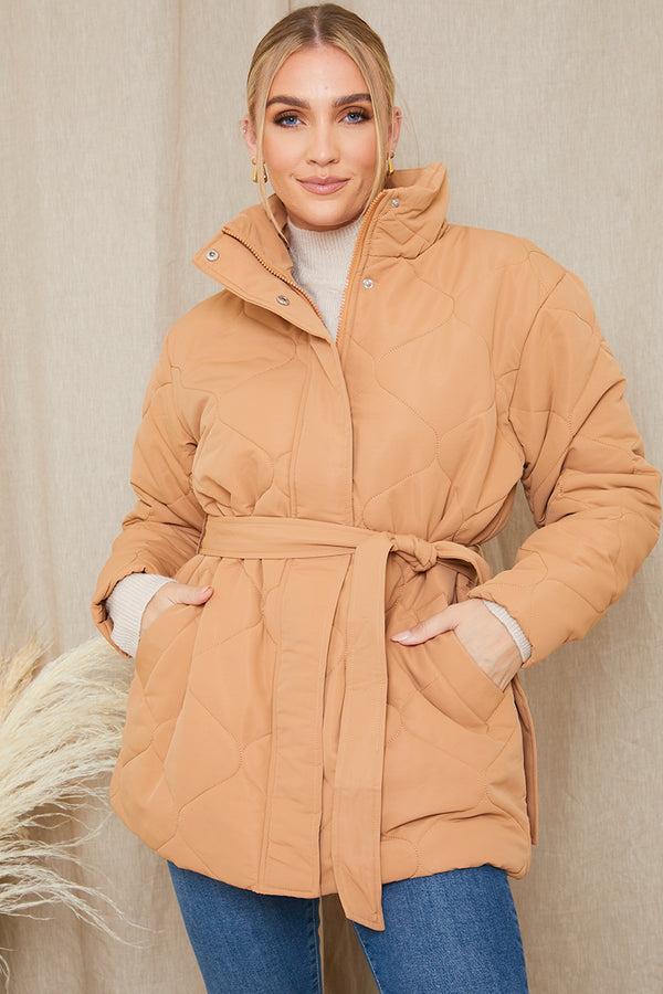 in the style In the Style Recycled Quilted Tie Waist Puffer Camel