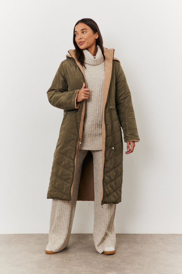 In The Style In The Style Recycled Reversible Longline Borg Puffer Coat Khaki