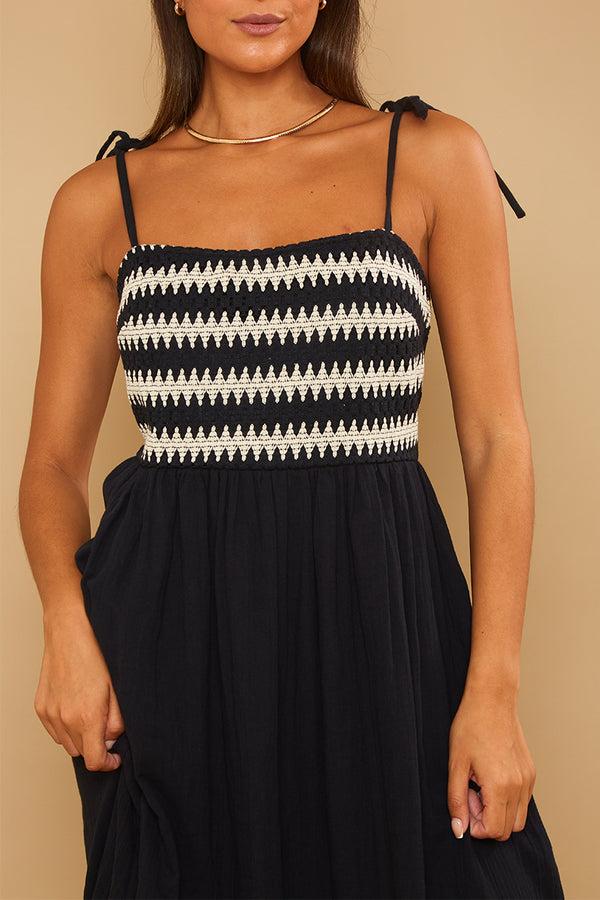 In The Style In The Style Recycled Shirred Crochet Detail Midaxi Dress Black