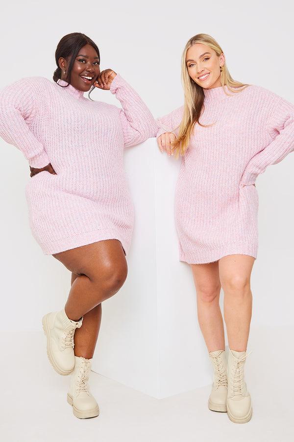 In The Style In The Style Recycled Space Dye High Neck Longline Knitted Jumper Dress Pink