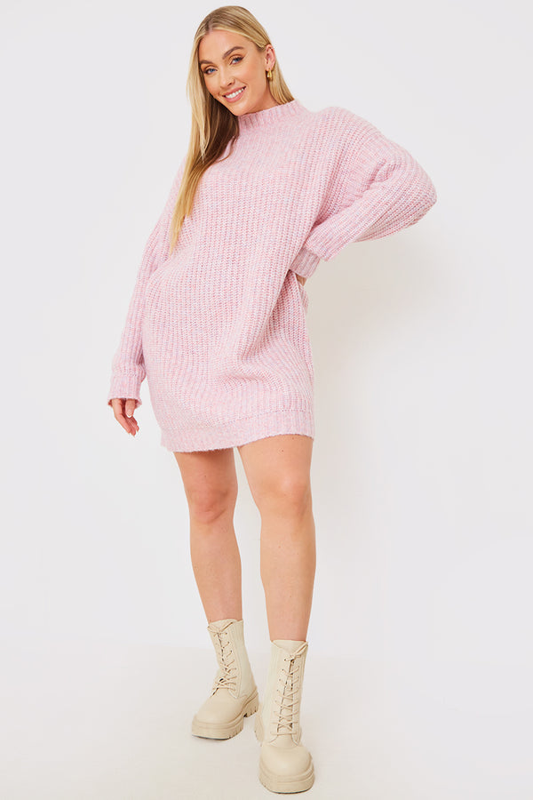 In The Style In The Style Recycled Space Dye High Neck Longline Knitted Jumper Dress Pink