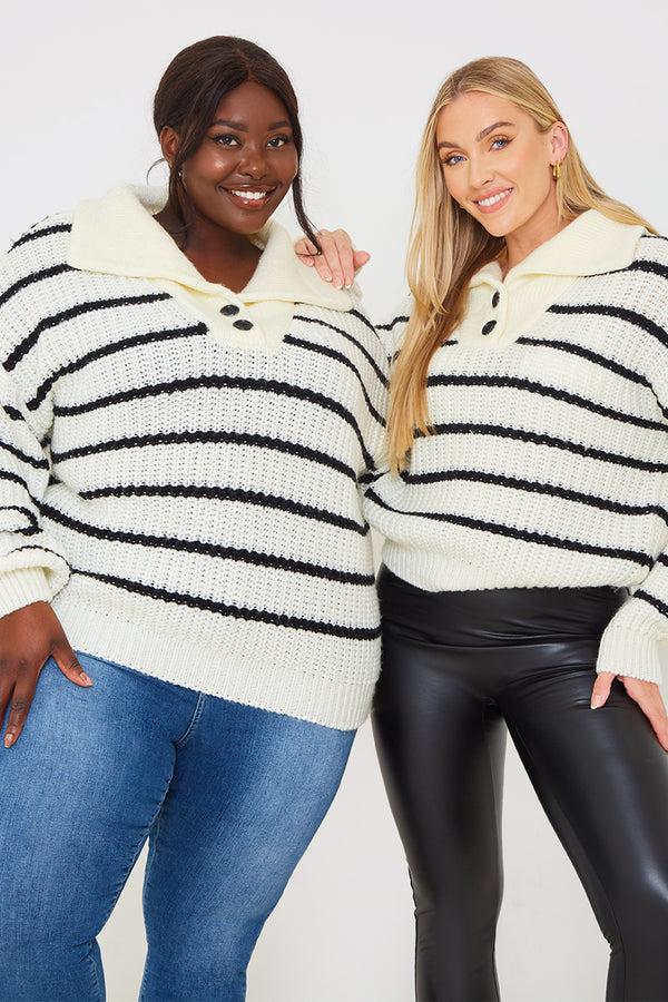 In The Style In The Style Recycled Stripe Half Button Knitted Jumper Black