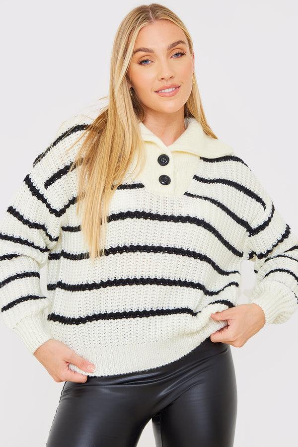 in the style In the Style Recycled Stripe Half Button Knitted Jumper Black