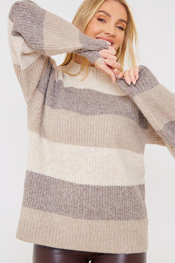 In The Style In The Style Recycled Stripe Tonal Knitted Jumper Mocha