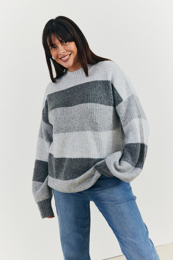 in the style In the Style Recycled Stripe Tonal Knitted Jumper Grey