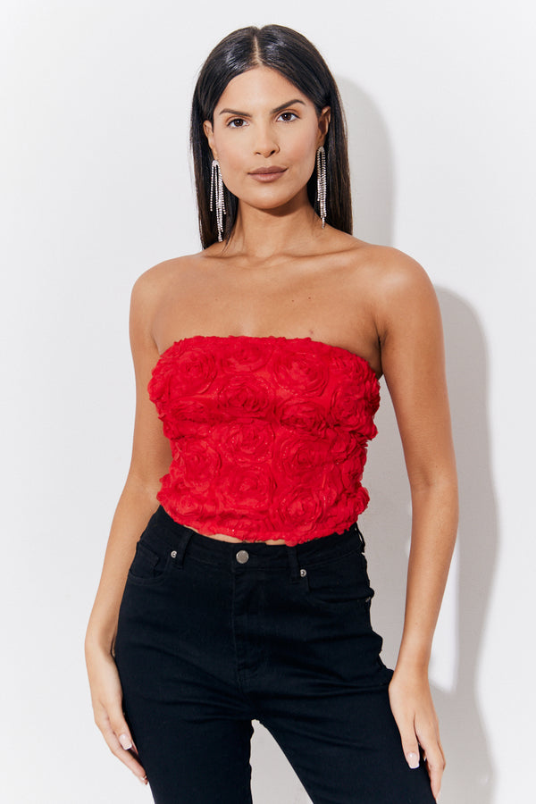 in the style In the Style Red 3D Floral Bandeau Top Red