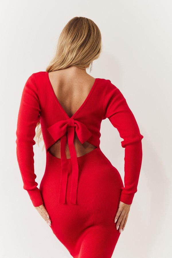 In The Style In The Style Red Bow Back Knitted Midaxi Dress Red