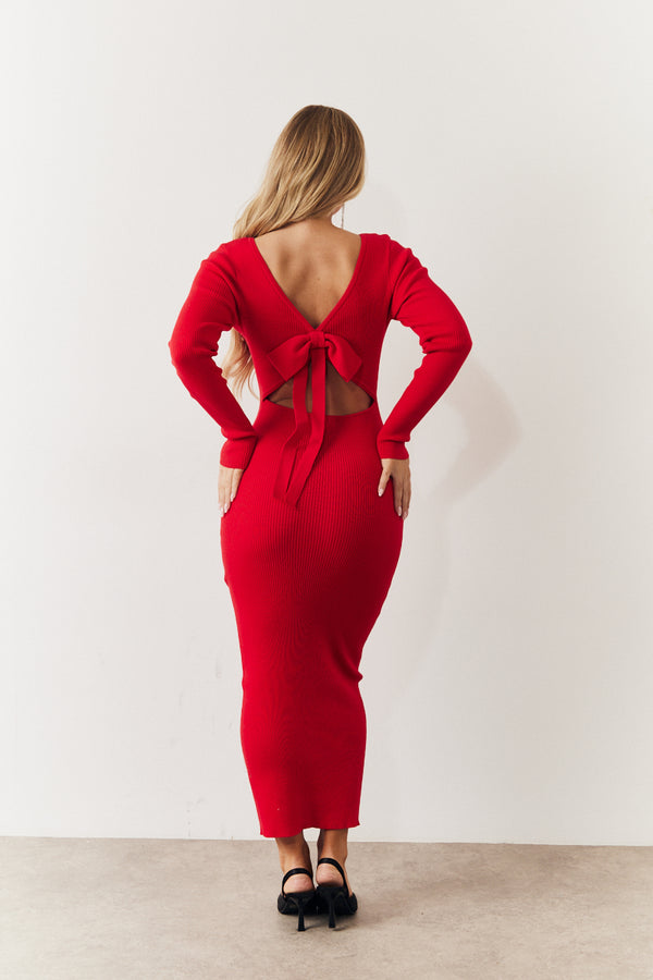 In The Style In The Style Red Bow Back Knitted Midaxi Dress Red