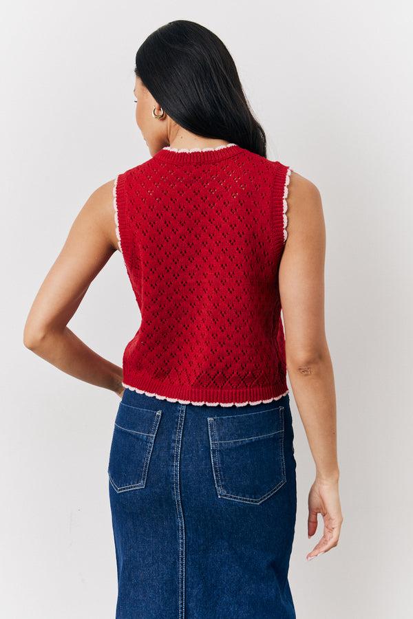 In The Style In The Style Red Contrast Edge Tie Front Knitted Waistcoat Red